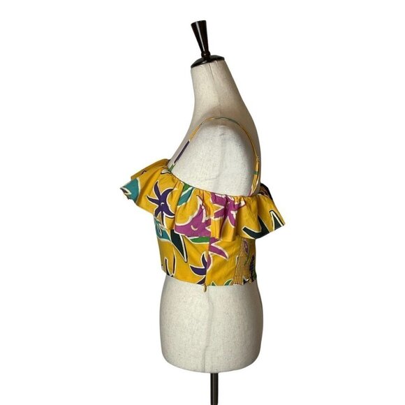 Zara Yellow Floral Print‎ Adjustable Strap Ruffled Bust Cropped Top Tropical M - Picture 6 of 13